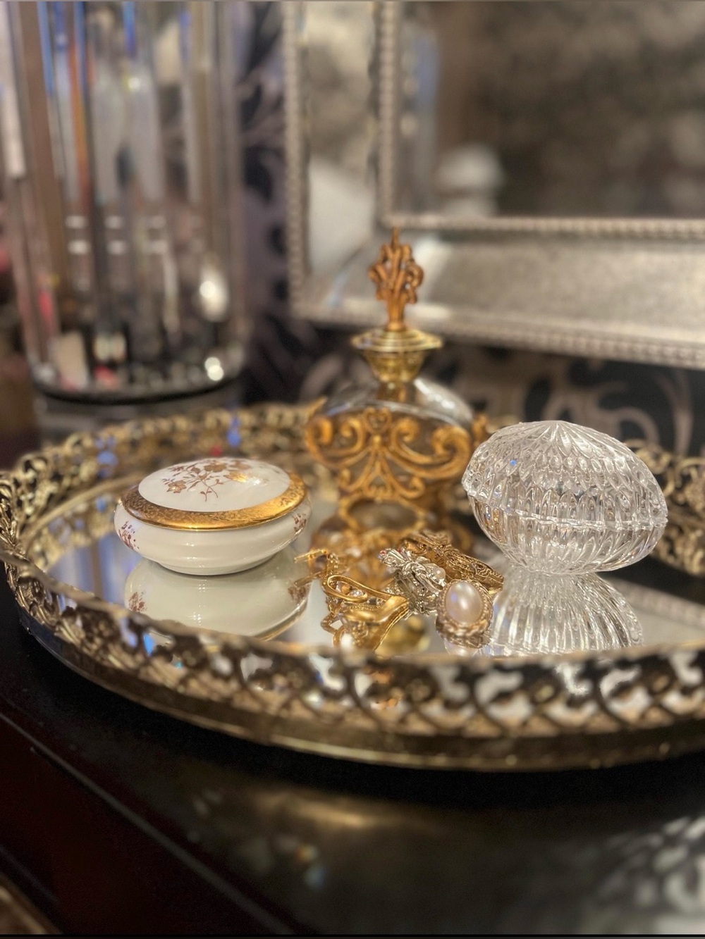 Vintage Gold Gilt Filigree Oval Vanity Mirror Tray